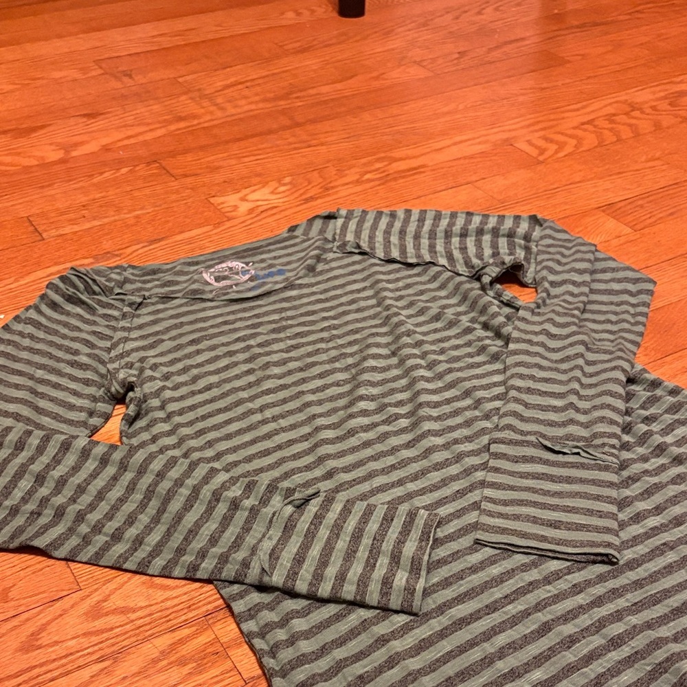 Blue Life Green Striped Long Sleeve Tee with Raw Hem - Picture 2 of 5